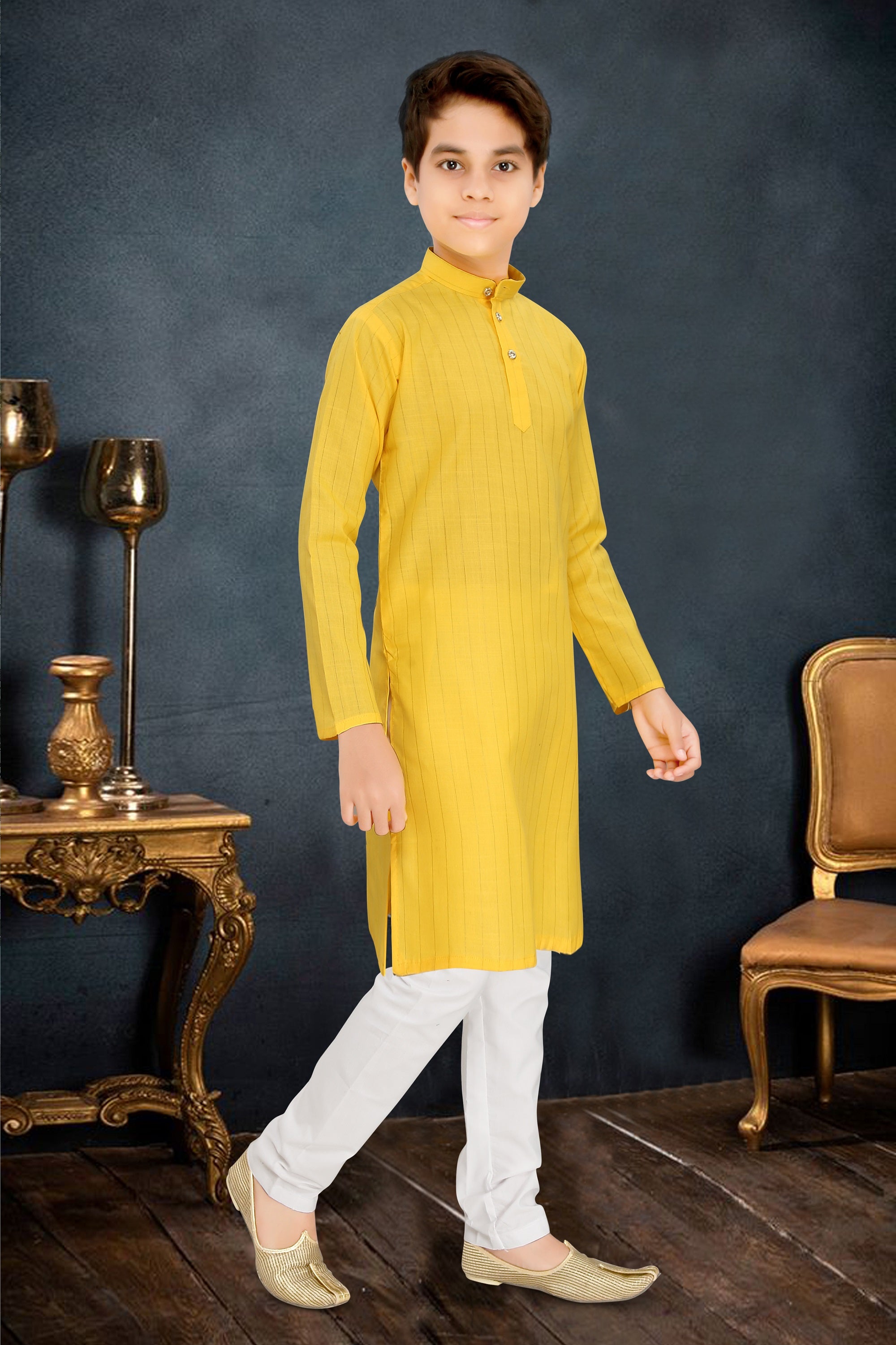 Neera Trendz Yellow Cotton Blend Lining Work Kid's Kurta With Pyjama