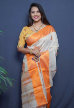 Thumbnail for Jyoti Fashion Women's Orange Linen Silk Digital Print with Jacquard Woven Border Saree with Blouse - Distacart