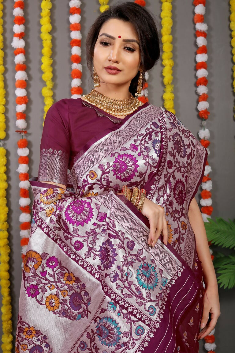 Jyoti Fashion Women's Wine Banarasi Silk Zari Woven Saree with Blouse - Distacart