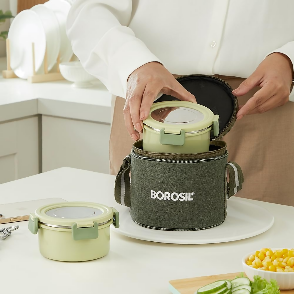 Borosil Glory Green Stainless Steel Lunch Box with Bag - Dista