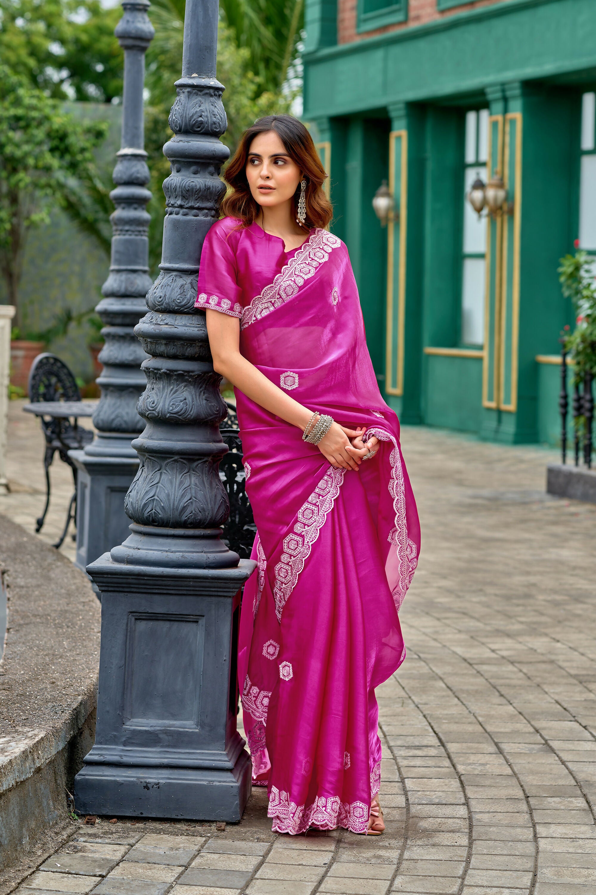 Vastranavya Pink Embroidery Work Shimmer Chiffon Saree with Unstitched Blouse