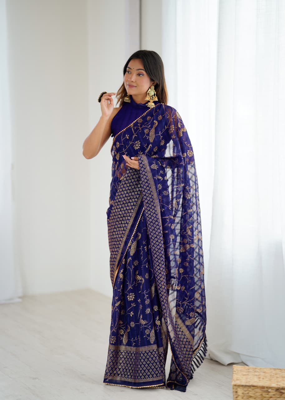 Lorenvalley Fashion Navy Blue Solo Georgette Superb Finishing Foils Print & Fancy Zalar Lace in Border Saree with Blouse