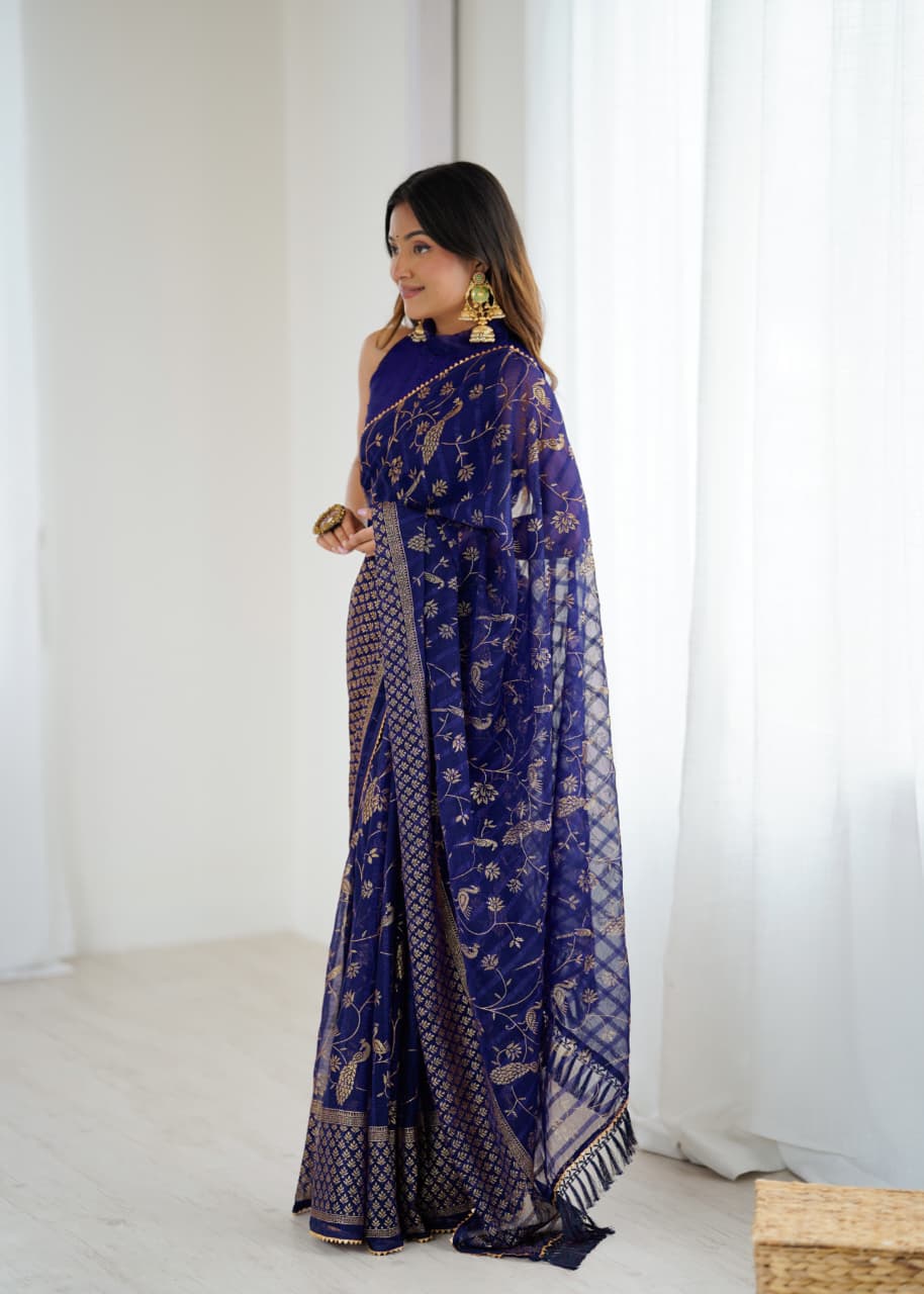 Lorenvalley Fashion Navy Blue Solo Georgette Superb Finishing Foils Print & Fancy Zalar Lace in Border Saree with Blouse