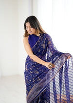 Thumbnail for Lorenvalley Fashion Navy Blue Solo Georgette Superb Finishing Foils Print & Fancy Zalar Lace in Border Saree with Blouse