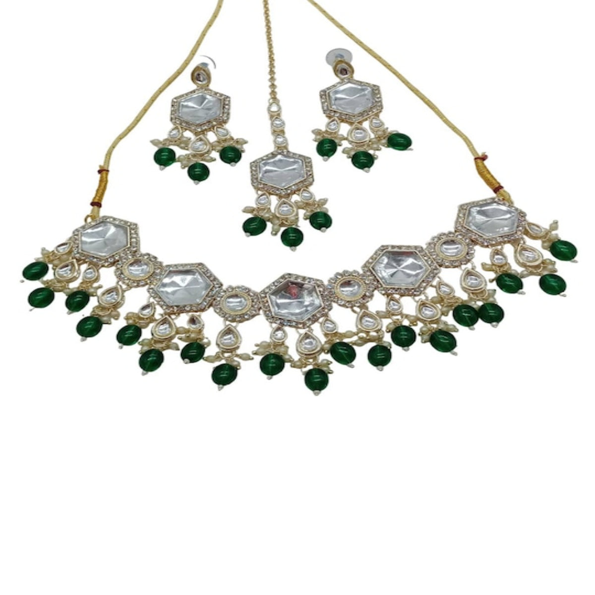 Jewel City Elegant Kundan-Style Green and White Necklace, Earrings, and Tikka Set