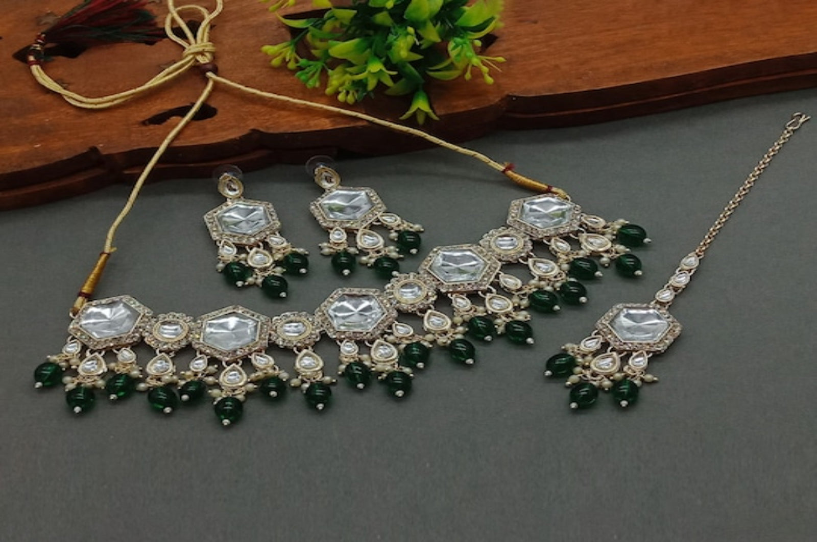 Jewel City Elegant Kundan-Style Green and White Necklace, Earrings, and Tikka Set