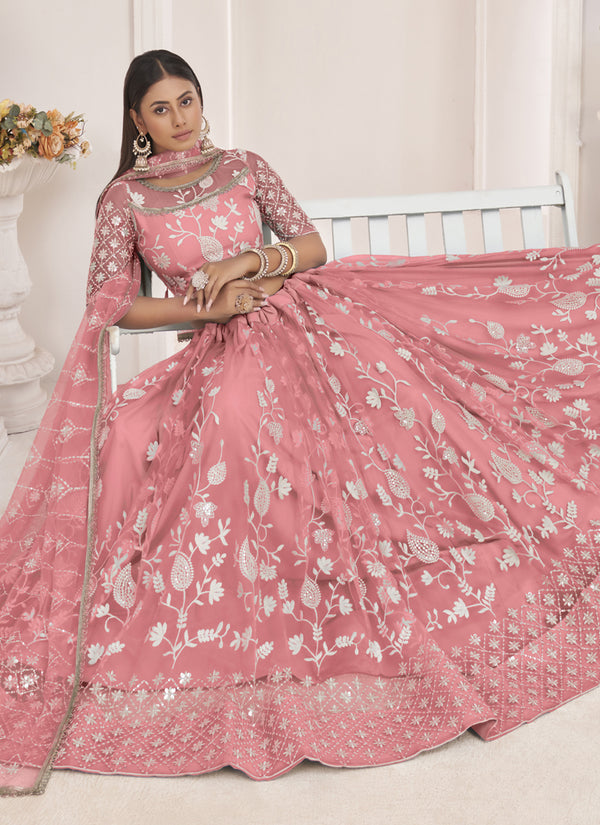 Vegaa Fashion Peach Butterfly Net Embroidered Thread Wedding Lehenga