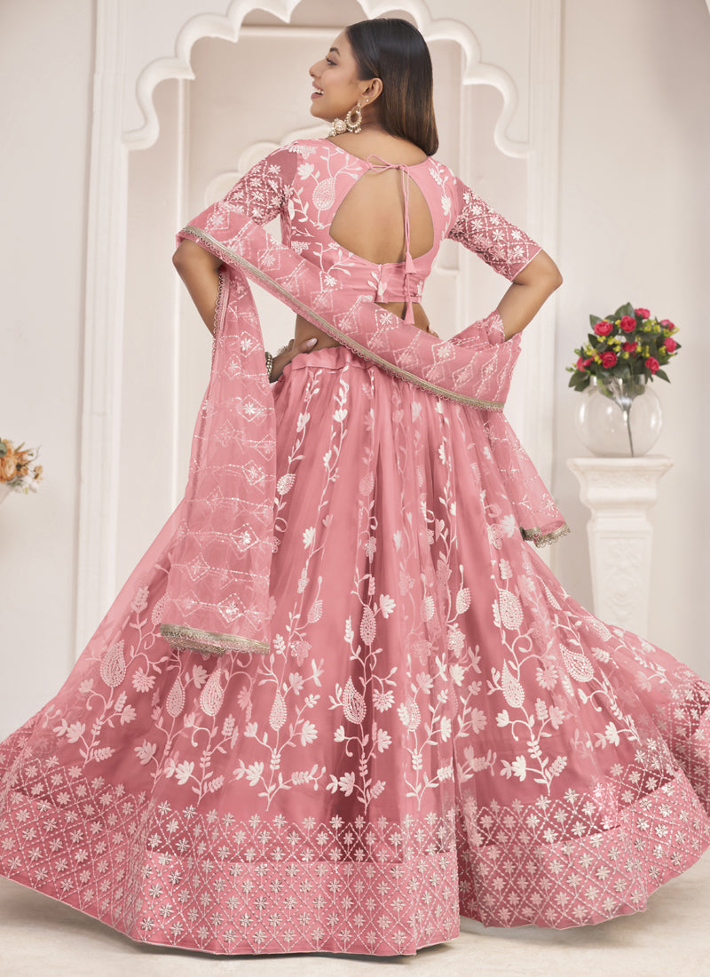 Vegaa Fashion Peach Butterfly Net Embroidered Thread Wedding Lehenga