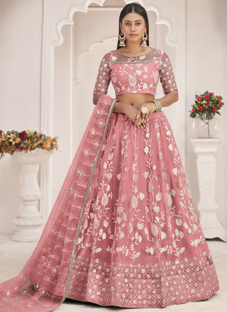 Vegaa Fashion Peach Butterfly Net Embroidered Thread Wedding Lehenga - Distacart