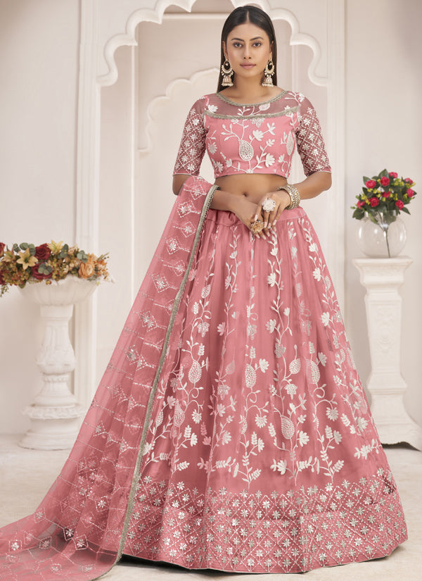 Vegaa Fashion Peach Butterfly Net Embroidered Thread Wedding Lehenga