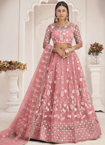 Vegaa Fashion Peach Butterfly Net Embroidered Thread Wedding Lehenga