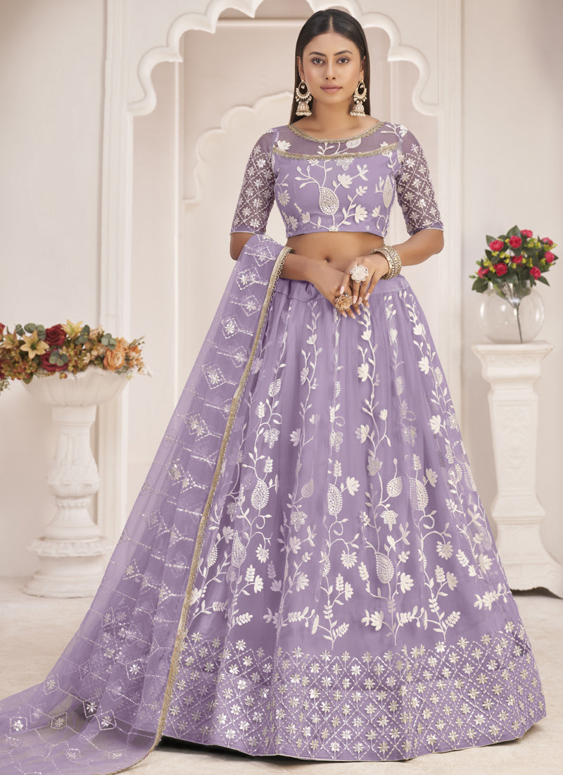 Vegaa Fashion Lavender Butterfly Net Embroidered Thread Wedding Lehenga - Distacart
