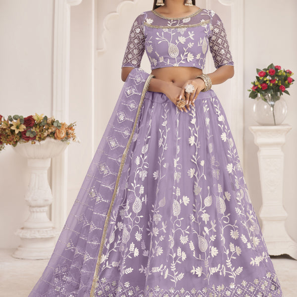 Vegaa Fashion Lavender Butterfly Net Embroidered Thread Wedding Lehenga - Distacart