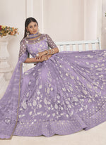 Thumbnail for Vegaa Fashion Lavender Butterfly Net Embroidered Thread Wedding Lehenga