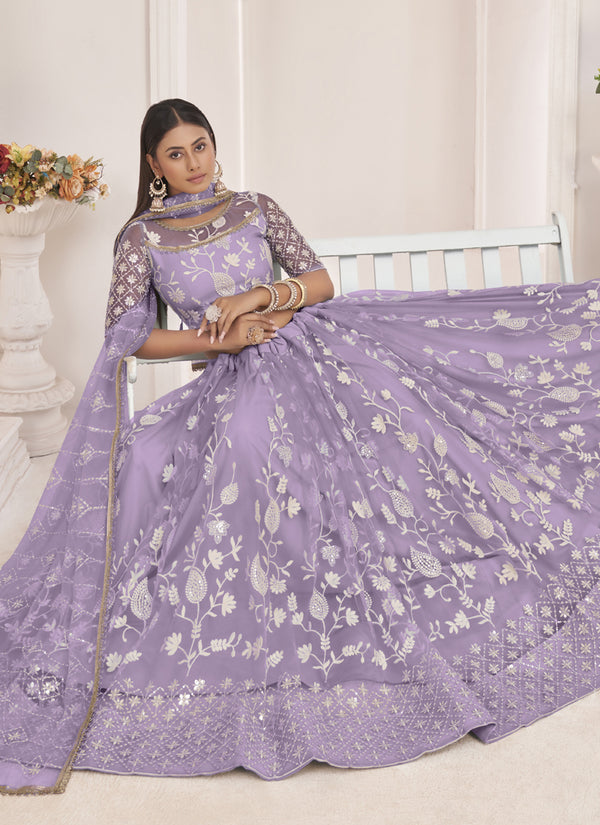 Vegaa Fashion Lavender Butterfly Net Embroidered Thread Wedding Lehenga