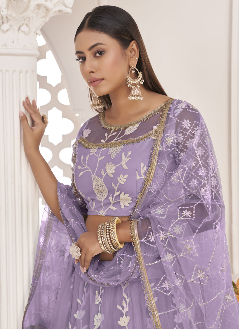 Vegaa Fashion Lavender Butterfly Net Embroidered Thread Wedding Lehenga
