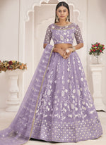 Thumbnail for Vegaa Fashion Lavender Butterfly Net Embroidered Thread Wedding Lehenga