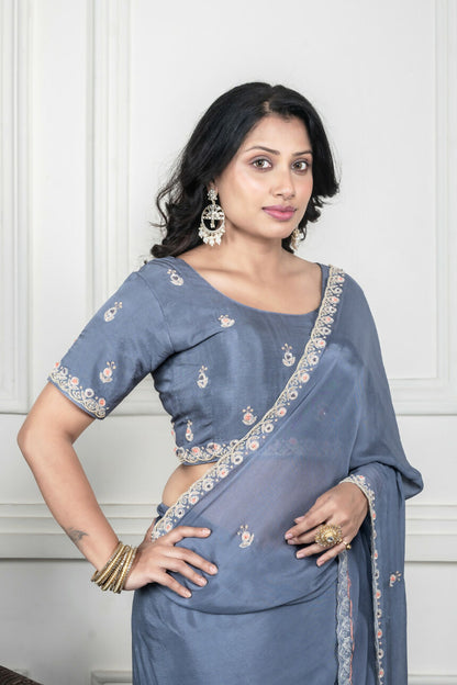 Morchari Grey Chiffon Hand Embroidery Saree And Stitched Blouse - Distacart