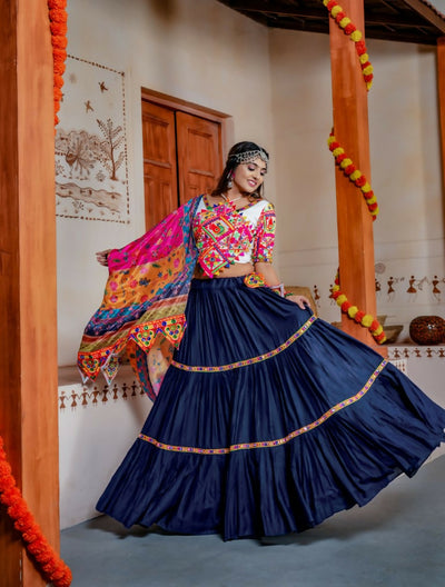 Aastha Fashion Blue Rayon Ready Mirror Lace work Readymade Traditional Lehenga Choli Set