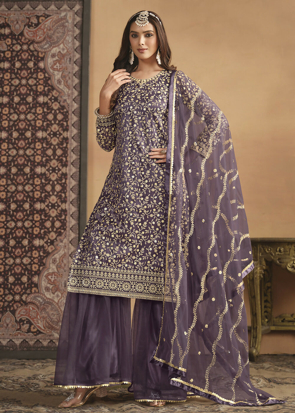 Net Dusty Purple Embroidered Festive Gharara Style Suit - Emponline - Distacart