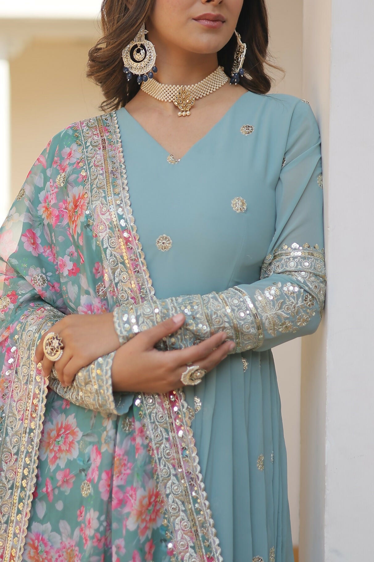 Joban Fashion Sky Blue Georgette Sequence Embroidery Work Kurta Set