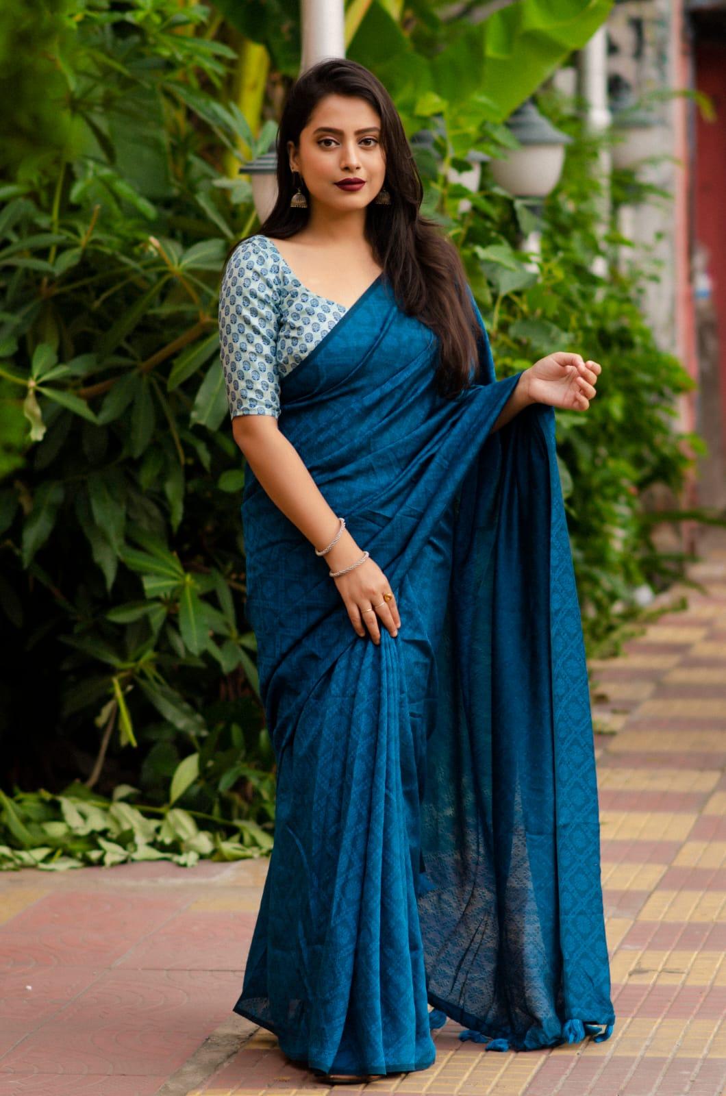 Blue Jute Silk Woven Design Saree with Unstitched Blouse - Hiral Fashion - Distacart