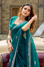 Thumbnail for Vastranavya Rama Embroidery Work Shimmer Chiffon Saree with Unstitched Blouse