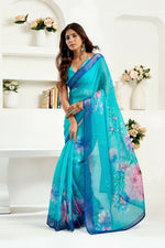 Thumbnail for Joban Fashion Turquoise  Floral Linen Ready To Wear Saree With Unstitched Blouse - Distacart