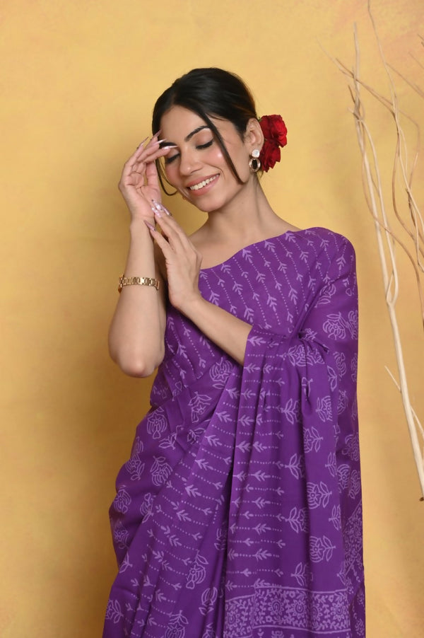 Very Much Indian Handblock Printed Cotton Saree With Natural Dyes - Purple - Distacart