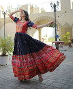 Thumbnail for Jyoti Fashion Women's Navy Blue Patola with Foil Print Dola Silk Anarkali Dress - Distacart