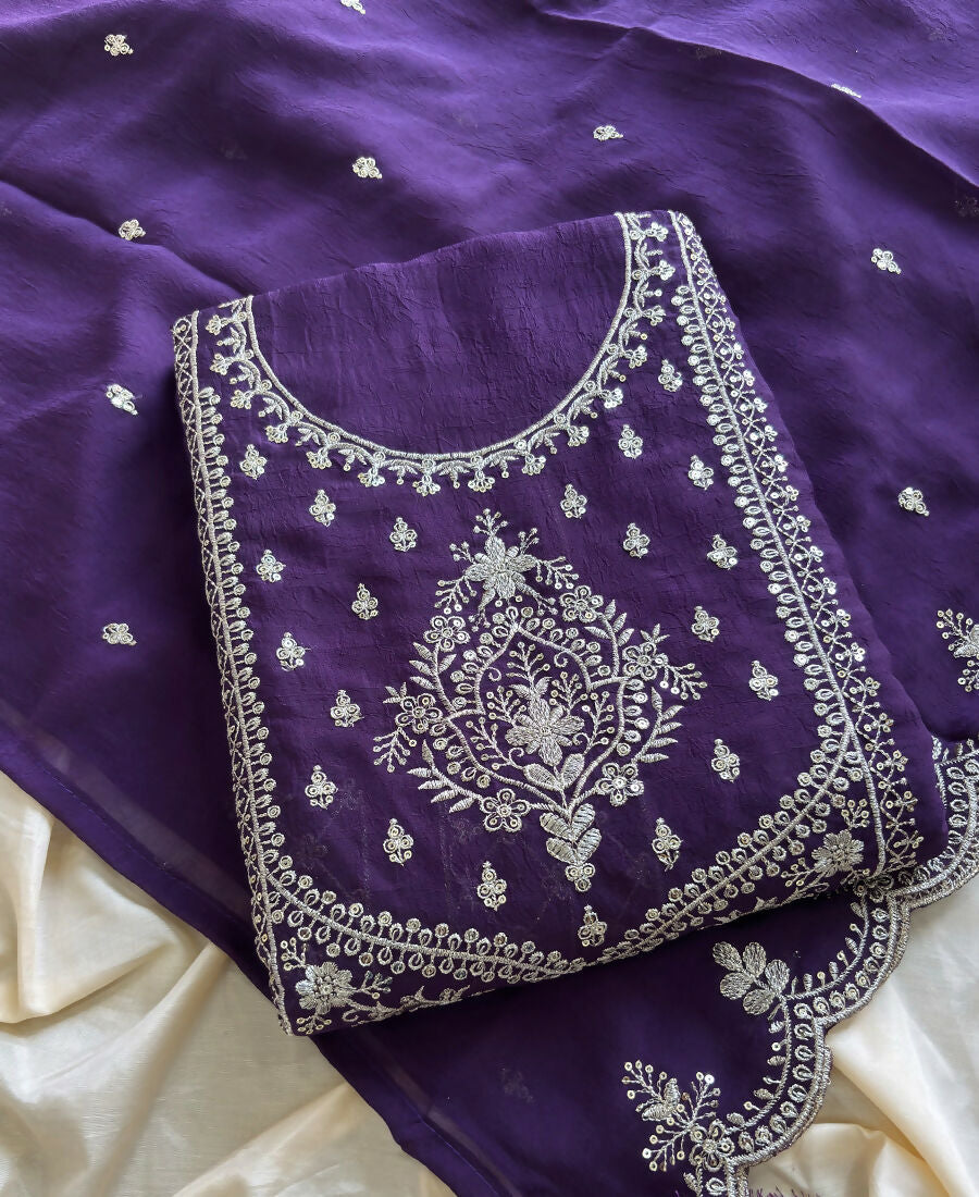 KC Purple Wedding Wear Embroidered Crush Silk Salwar Suit - Dista