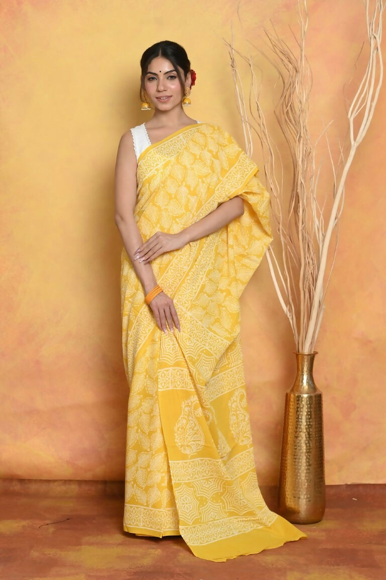 Very Much Indian Handblock Printed Cotton Saree With Natural Dyes - Yellow - Distacart