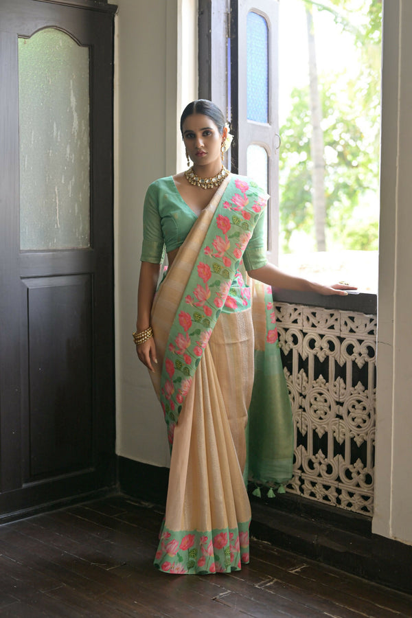 Vishnu Weaves Women's Green Banarasi Silk Saree with Blouse - Distacart