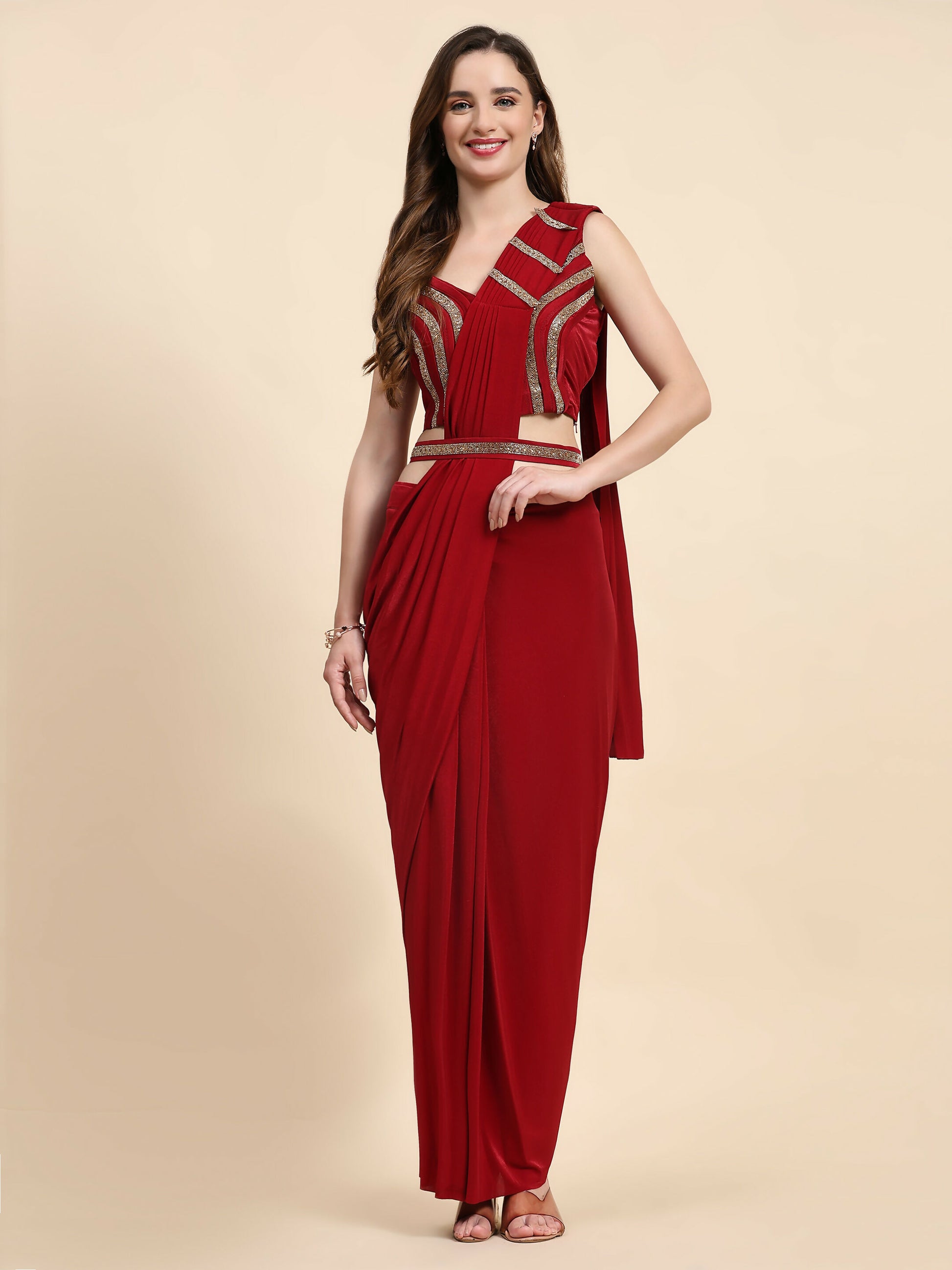 Red Imported Crystle Solid Ready to Wear Saree with stitched Blouse - Nita - Distacart