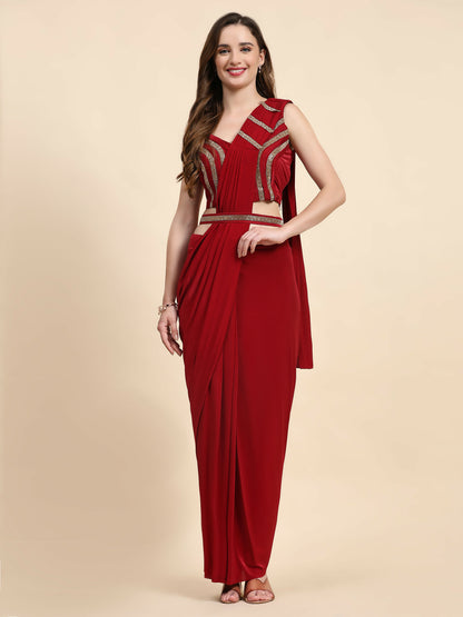 Red Imported Crystle Solid Ready to Wear Saree with stitched Blouse - Nita - Distacart