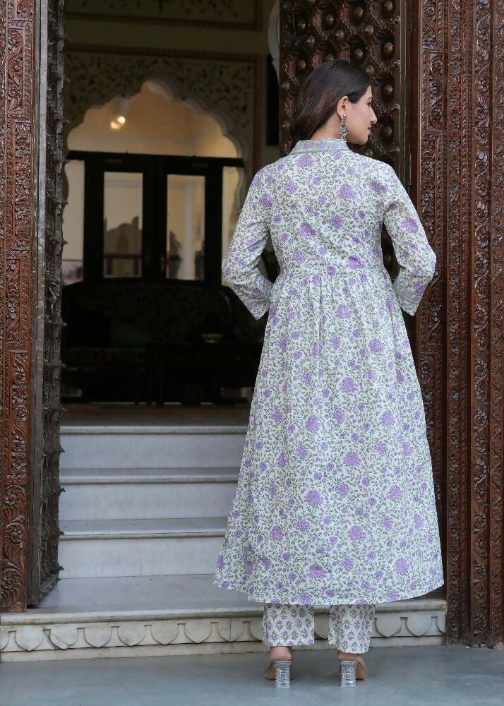 Jaimini Women Cotton Printed V-Neck 3/4 Sleeves Calf Length Flared Kurta Pant And Dupatta Set - Dista