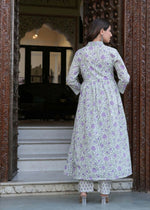 Thumbnail for Jaimini Women Cotton Printed V-Neck 3/4 Sleeves Calf Length Flared Kurta Pant And Dupatta Set - Dista