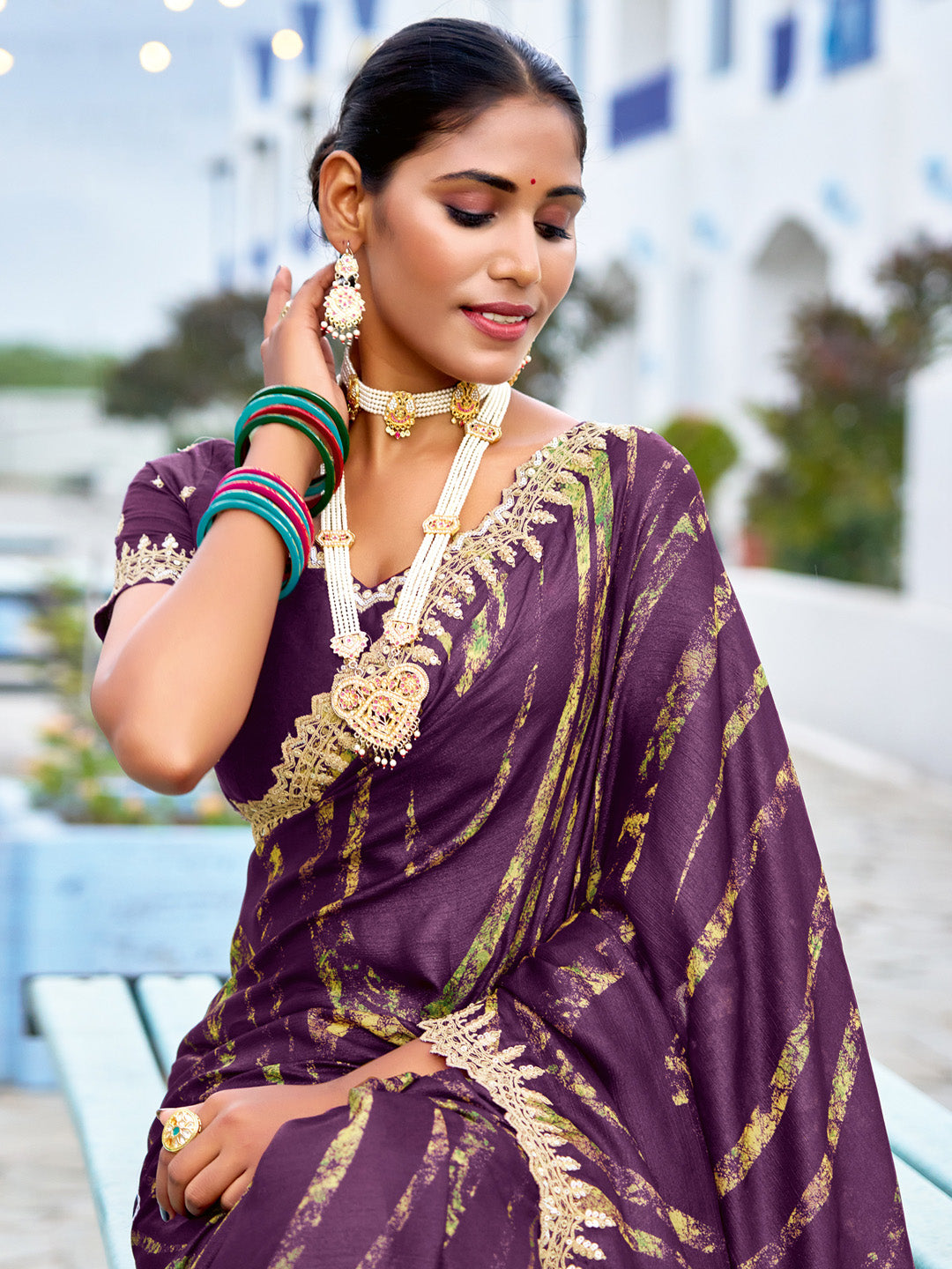 NOZ2TOZ Women's Chiffon Purple Embellished Designer Saree With Blouse Piece - Distacart