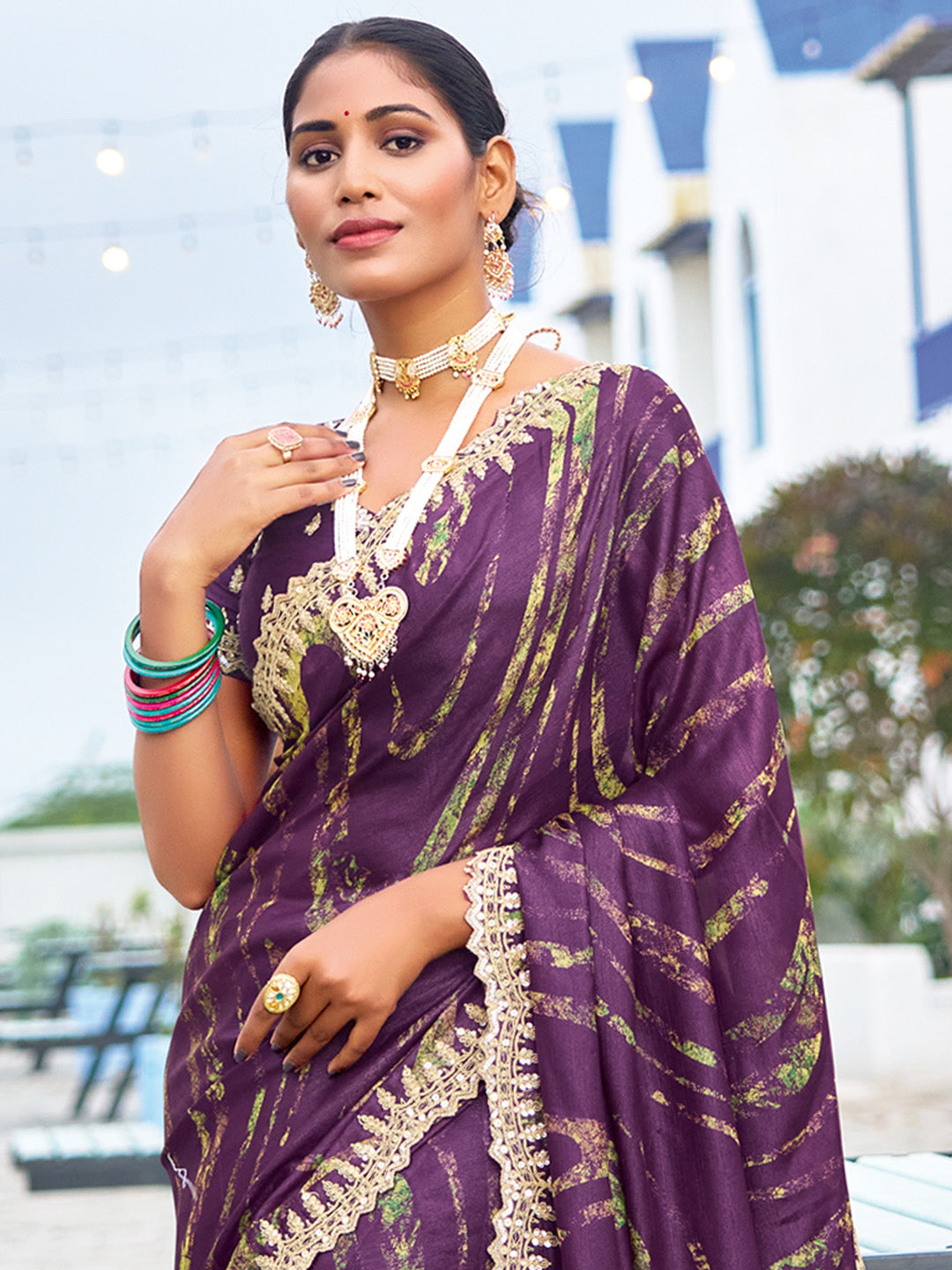 NOZ2TOZ Women's Chiffon Purple Embellished Designer Saree With Blouse Piece - Distacart