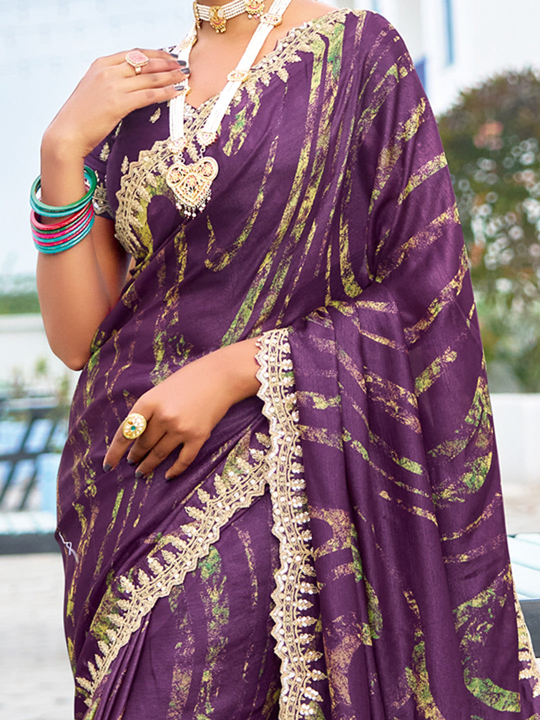 NOZ2TOZ Women's Chiffon Purple Embellished Designer Saree With Blouse Piece - Distacart