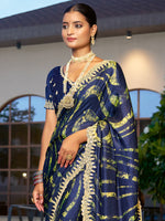 Thumbnail for NOZ2TOZ Women's Chiffon Navy Blue Embellished Designer Saree With Blouse Piece - Distacart