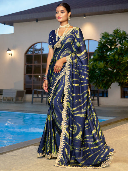 NOZ2TOZ Women's Chiffon Navy Blue Embellished Designer Saree With Blouse Piece - Distacart