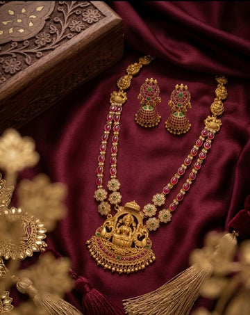 Jewel City Women's Traditional Lakshmi Temple Necklace Set With Earrings Gold-Plated Ethnic Jewelry Handcrafted For Weddings & Festivals - Dista