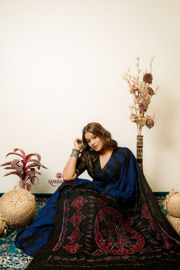 khanduapata Indigo Blue Plain Cotton Saree For Women