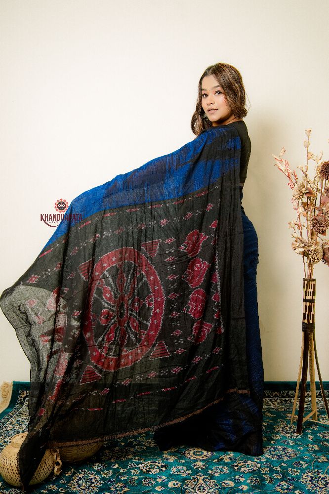 khanduapata Indigo Blue Plain Cotton Saree For Women
