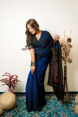 khanduapata Indigo Blue Plain Cotton Saree For Women