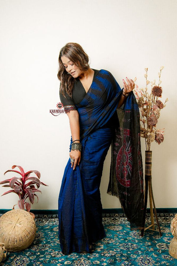 khanduapata Indigo Blue Plain Cotton Saree For Women