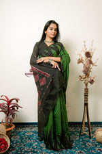 Thumbnail for khanduapata Meadow Green Plain Cotton Saree For Women