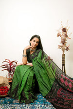 Thumbnail for khanduapata Meadow Green Plain Cotton Saree For Women