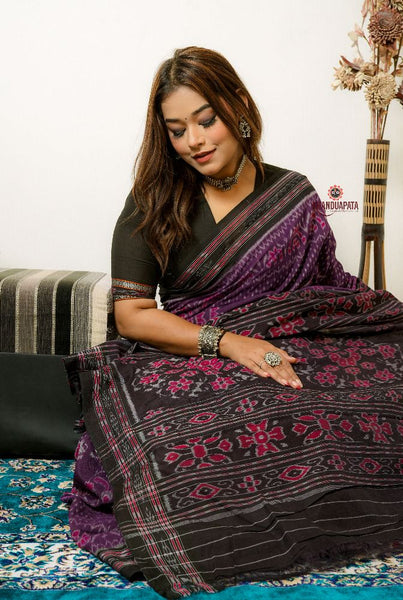 khanduapata Black & Purple Special Design Cotton Saree For Women